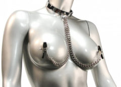 Chrome Slave Collar with Nipple Clamps - SmallMedium