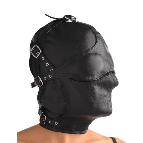 Asylum Leather Hood with Removable Blindfold and Muzzle- SM