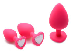 Pink Hearts 3 Piece Silicone Anal Plugs with Gem Accents