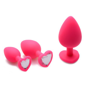 Pink Hearts 3 Piece Silicone Anal Plugs with Gem Accents